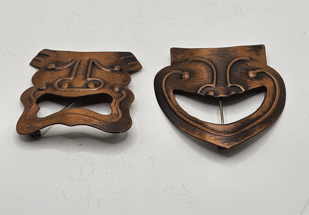 Vintage Pair of Rebajes Copper Modernist Comedy Tragedy Drama Masks Brooch